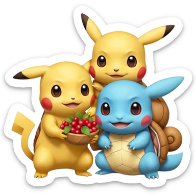 Two Pokémon are playing in a field. Pikachu has many berries, but Squirtle has none. Pikachu sees this is unfair, so he shares the berries with Squirtle. They smile and eat together. Show this as a cute Pokémon emoji scene about justice and fairness. sticker