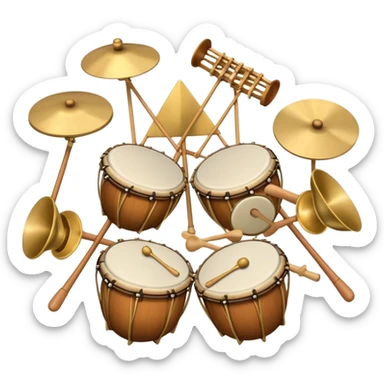 Create a heraldic, festive, and professional emblem-like emoji representing percussion instruments. The design should resemble a traditional crest, featuring a variety of percussion instruments such as cymbals, triangle, tambourine, maracas, timpani, bongo drums, and other traditional folk percussion instruments. Arrange them symmetrically, with cymbals crossing each other, the triangle at the center, and timpani or bongo drums flanking the sides. Include tambourines and maracas prominently, adding rhythm and texture. A flowing ribbon of musical notes should elegantly weave through the instruments, enhancing the sense of movement and celebration. Add intricate decorative patterns on the instruments, along with ornamental swirls, laurels, or flourishes to elevate the festive and heraldic feel. The overall composition should be balanced, harmonious, and visually striking, with an elegant and professional look. The background should be transparent. sticker