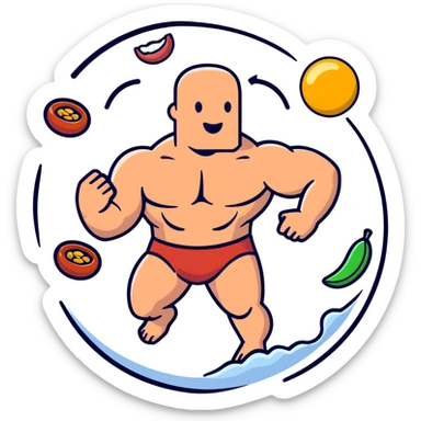 A floating warm orb with bright food icons (meat, egg, beans, tofu, yogurt) orbiting around a semi-transparent muscular human body. The body glows from within, with visible muscle fibers vibrating and expanding. sticker