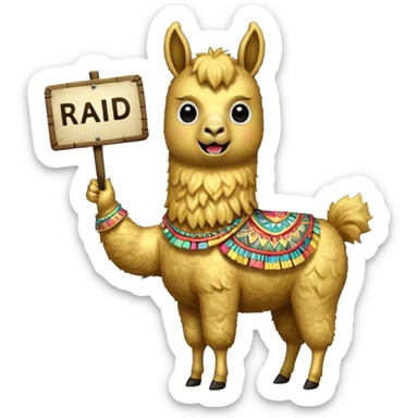 A small golden llama silhouette holding a sign in its teeth that says RAID sticker