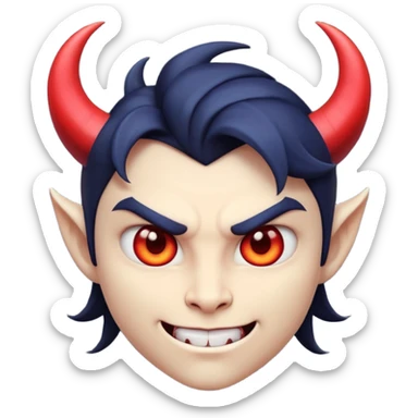 Demon cartoon emoji character, confident and edgy expression, sharp eyes, subtle smirk, small curved horns, clean stylized face, not cute, not scary, balanced dark and saturated colors, bold shapes, modern emoji-style illustration, high contrast, strong character presence sticker