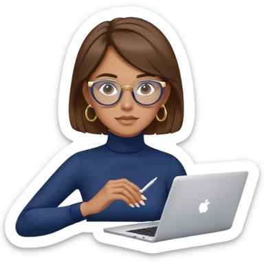 Woman with brown hair wearing navy blue turtleneck, gold hoops and blue screen glasses typing on laptop sticker
