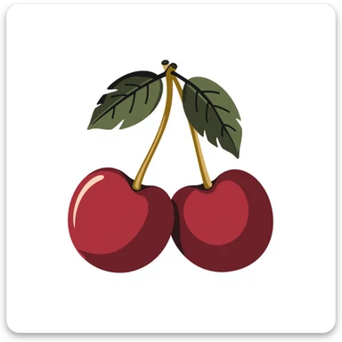 Two cherries with golden stems connected, paired with dark green leaves sticker