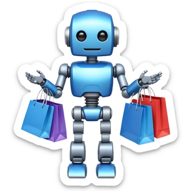 black friday robot with blue and metalic colours with bags in his hands sticker