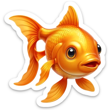 Cinematic Cute Orange Goldfish Portrait Emoji, Head tilted playfully and inquisitively, featuring a glossy, vibrant orange body with delicate, flowing fins, round, sparkling golden eyes filled with curiosity, Simplified yet irresistibly adorable features, highly detailed, glowing with a warm, friendly glow, high shine, affectionate and lively, stylized with a touch of whimsy, bright and endearing, soft glowing outline, capturing the essence of a mischievous yet loving goldfish, so playful it feels like it could swim out of the screen and into your heart! sticker