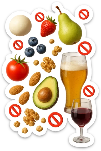 mozzarella, frutta legumi, frutta secca, birra e vino realistici fluttuano in aria con piccoli divieti 3d, IPERREALISTICO 4K sticker