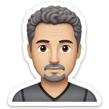 Man in his early 50s with tan complexion. Strong square jawline. Dark brown eyes with focused expression. Thick eyebrows. Black goatee with subtle gray hairs. Short curly dark hair with slight receding hairline. Slight confident smile. Wearing a black V-neck shirt with gray stripes. sticker