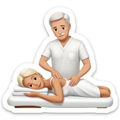 60-year-old white man dressed in white tunic giving massage to a 60-year-old white woman sticker
