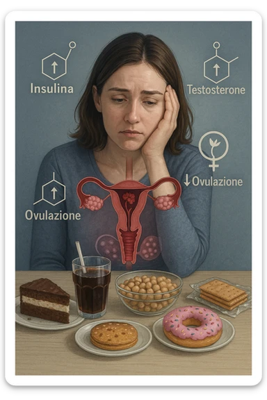 Donna tra i 25 e i 35 anni con espressione affaticata e delusa, seduta a tavola. Davanti a lei cibi ad alto indice glicemico: dolci industriali, cereali raffinati, bibite zuccherate. In trasparenza sopra il suo corpo si vedono ovaie con cisti multiple (PCOS) e un simbolo stilizzato di fertilità (utero con fiore appassito o cerchio spezzato). Attorno a lei fluttuano molecole simboliche come '↑ Insulina', '↑ Testosterone', '↓ Ovulazione'. Atmosfera triste ma educativa. Colori freddi con accenti in rosso e viola. Stile realistico con elementi visivi simbolici chiari in italiano sticker