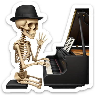 a human skeleton in anatomical proportion wears a black hat and plays the piano sticker
