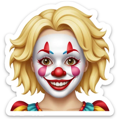 a blonde woman making a good decision acting like a fool holding a clown mask prop sticker