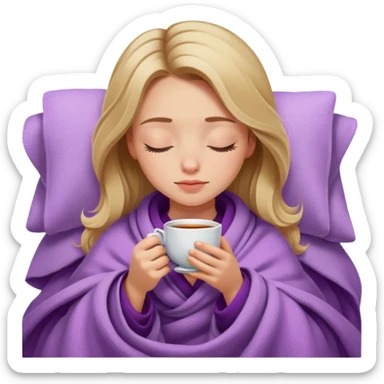 dark blonde girl inside a lilac blanket sipping tea eyes closed sticker