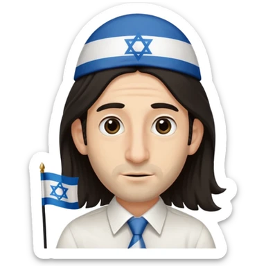 jewish jew man's face, wearing a tiny black kippah and 2 thin long hair strands near the ears, big nose, only face, no body, no mustache, holding israel flag sticker