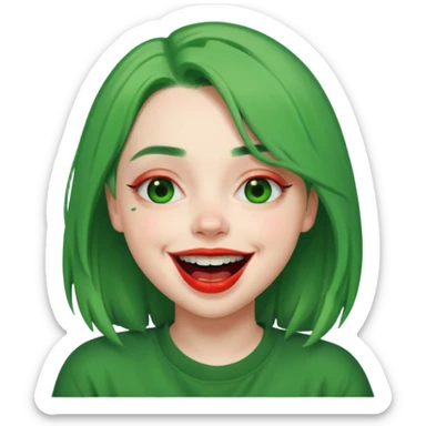girl with green hair like Billie Eilish and red lipstick, laughing expression sticker