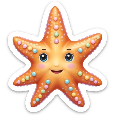 extremely cute, detailed starfish, shiny plastic look, tiny cheeks, huge sparkling eyes with highlights, happy smile, fine textures, soft pastel colors with bright accents, small accessories like bows, detailed shading sticker