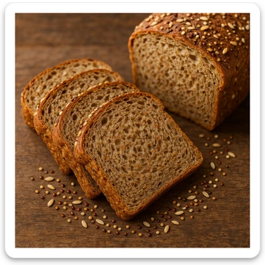 sliced whole wheat bread with quinoa and rice, showing texture and seeds, artisanal style sticker