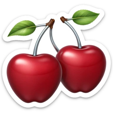 A pair of cherries emoji made of polished silver chrome, smooth rounded shapes, glossy metallic finish, soft highlights and reflections, cute proportions, iOS emoji style, centered, clean white background, no text sticker