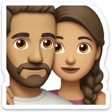 Comforting hug from brunette Puerto Rican with dark brown eyes to short, bald man with brown eyes and a beard sticker