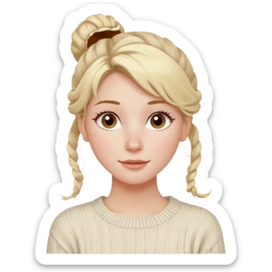blonde hazel eyes woman with a white cable knit sweater and one messy bun with tendrils of hair flowing down her face and she is happy pale, some freckles, blush. she has a cateye wing and long lashes sticker