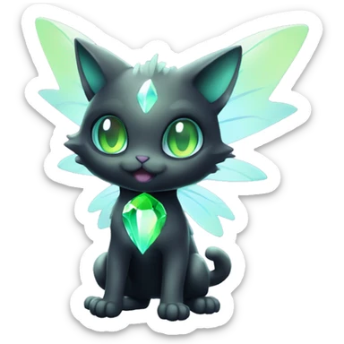 Shiny, Sparkly, Black Dark-type-Fairy-Type-Psychic-Ice-type-Fakémon-Cat Purple eyes, green gem, full body sticker