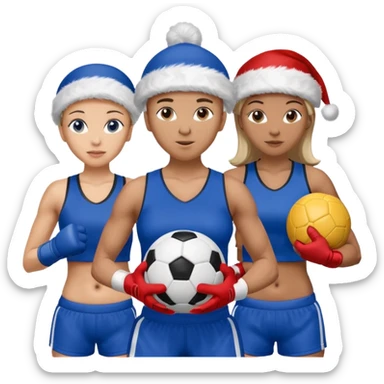 crie a imagem de 3 atletas, um homem no meio e duas mulheres, de modalidades esportivas diferentes, usando elementos esportivos, como por exemplo bola de futebol, luvas de luta e bola de vôlei... e usando um chápeu de papai noel das cores verde e azul e roupas azul sticker