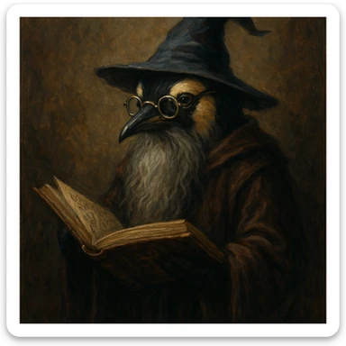 wise penguin wizard with glasses, long beard, and spellbook, fantasy illustration style sticker