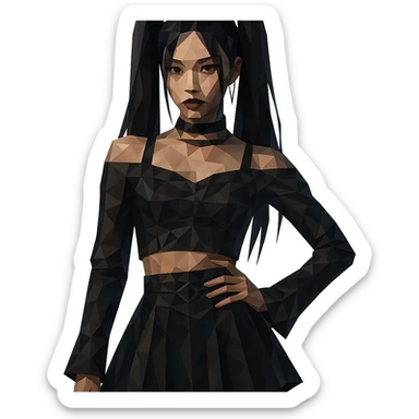 K-pop inspired gothic girl, polygonal style, geometric shapes, dark color palette, stylish stage outfit sticker