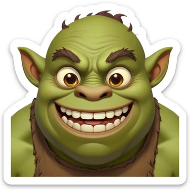 Cinematic Comical Ogre Portrait Emoji, with a strikingly exaggerated, bulky figure in vivid earthy greens and browns, head tilted in a dramatically surprised expression with wide, comically bulging eyes and a goofy, oversized grin, simplified yet hilariously exaggerated, highly detailed with a soft, cartoonish glowing outline capturing the playful absurdity of a meme-worthy ogre! sticker
