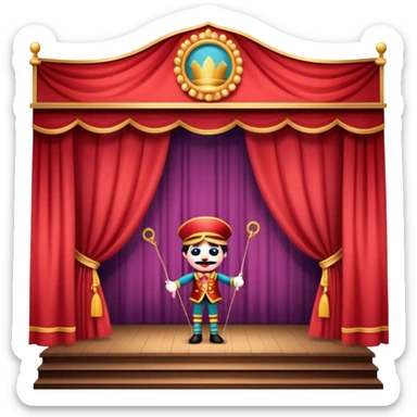 Icon for Puppet Theater: a puppet stage with curtains and a marionette performing on stage. The icon should represent the charm and artistry of puppet theater, with focus on the puppet and the stage setting. Transparent background. sticker