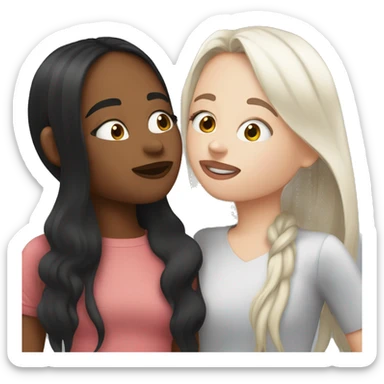 A girl kissing another girl on the cheek, both are blushing. They both have white skin and long black hair sticker