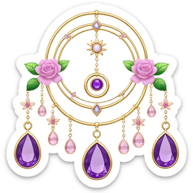 Epic beautiful gorgeous cute gold suncatcher, threads with shiny sparkly amethyst and rose-quartz gemstones, flowers, crescents-moons sticker