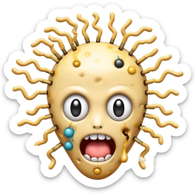 absolutely insane emoji with eyes popping out of sockets on springs, brain partially exposed, multiple gigantic polka-dotted tongues flailing in all directions, tiny explosions around head, face melting, completely deranged look sticker
