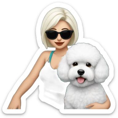 mujer piel blanca pelo negro largo con perro bichon blanco y unas gafas rosas en un prado verde con amapolas azules  sticker