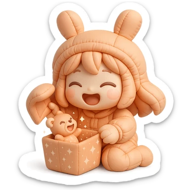 laughing chibi cute girl with a bunny hat unwrapping a magical glitter gift box with a small laughing teddy bear inside the gift box, full body, clean and polished, no imperfections, cushion style sticker