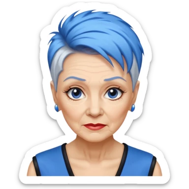 reife frau, achtzigJahre alt kein kind! freche extreme schwarze Kurzhaarfrisur eine Seite wirklich fast keine Haare andere Seite mit blauer Strähne kurze Seite noch viel kürzer sticker