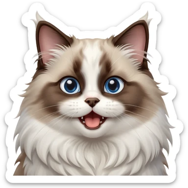cinematic-adorable-big-eyed-fluffy-dark brown and white ragdoll-cat-portrait-emoji,-head-tilted-playfully-with-a-cute,-yawn,-soft-brown-and white-colored-fur-with-darker-points-on-the-ears,-simplified-yet-irresistibly-cute-features, sparkling blue eyes sticker
