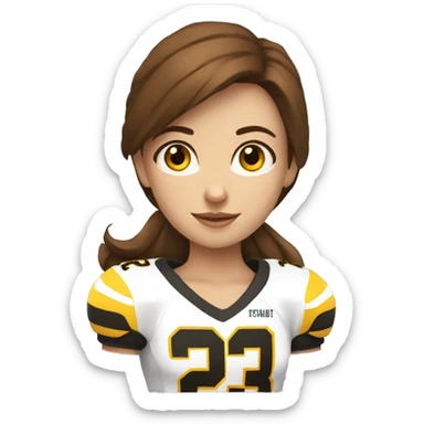 a girl with brown hair and a yellow football player with a small black ring on it sticker