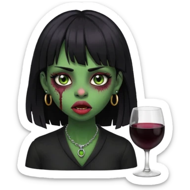 uma garota ZUMBI (cor de pele verde), com piercing na boca e no nariz, com olhos vinhos, cabelos pretos e com franja, e roupa preta sticker