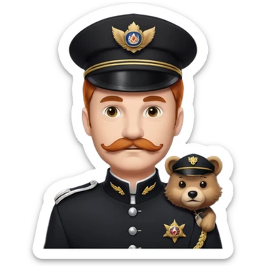 An auburn-hair'ed admiral with a flawless bear and mustache wearing a black admiral outfit and hat with Wolf Ears coming out of the hat, and 9 wolf tails behind him, with the admiral black shirt featuring on the left breast pocket the insignia of Helldivers 2. sticker