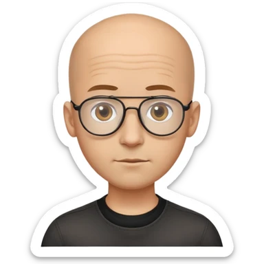 Oval-faced man with large forehead, aviator glasses, completely bald sides with extremely short dark curly hair only on crown, light brown skin, friendly neutral expression, black shirt sticker