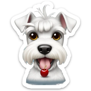 White fun mini schnauzer in overalls with cherries sticker
