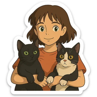 ghibli style brown haired girl with light tan skin and brown eyes holding a black Bombay cat with green eyes and a black and white Tuxedo cat with hazel eyes sticker