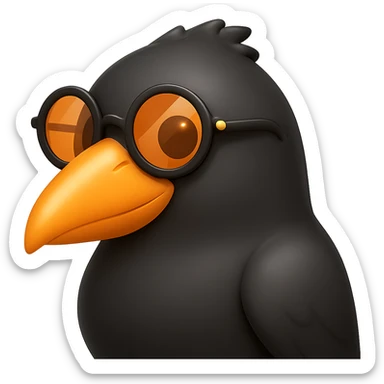 Make the bird emoji more emoji-like but keep the detailed, slightly cartoonish style of the reference. Smooth out the feather texture just a bit, add a subtle emoji shine, and keep the orange beak and round sunglasses. Bird looking to the right. No background. sticker