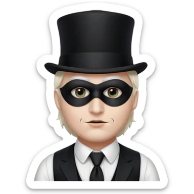 A man with white skin, a black half mask with an eye hole, a black top hat, a black vest with a black tie tucked underneath, and a white collared shirt sticker