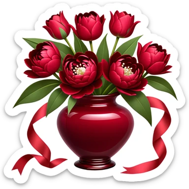 "An exquisite floral arrangement in a deep red glass vase, filled with velvety red peonies, classic roses, and striking tulips, accompanied by silky pearl-colored ribbons that drape gently over the surface." sticker