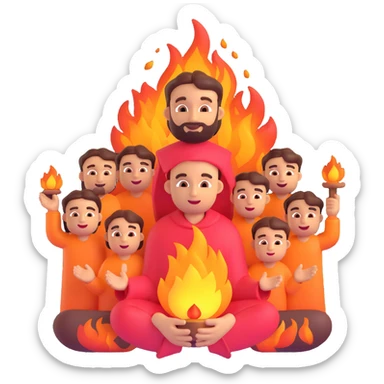 stylized emoji of Rakesh as a divine leader surrounded by fire, holding a 1 lakh reward, with five smaller people below looking up in devotion, symbolizing his new role as COO and the team's respect sticker