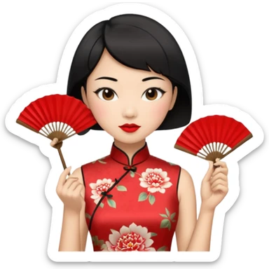 a chinese woman wearing a cheongsam holding a folding fan elegantly with fancy, red lipstick and short black hair sticker
