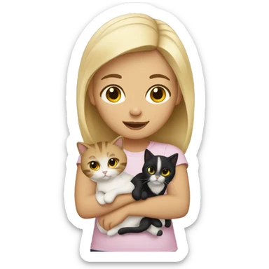 a blonde girl with brown eyes holding 3 cats, two white and one black. sticker