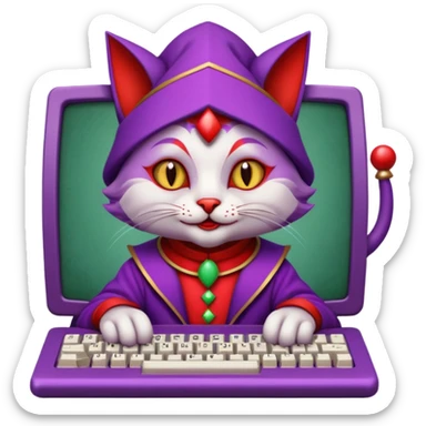 crazy colorful cute little cat jolly joker from poker, medieval, vintage, court jester, mac os icon, purple and red color, half body. The cat is represented as Code inside a retro computer terminal sticker