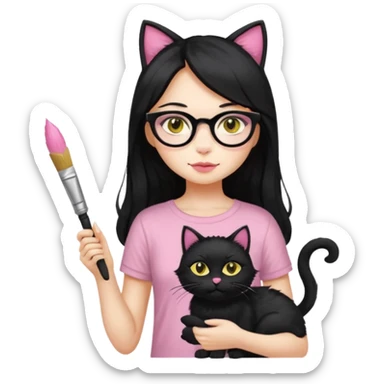 Painting women. smilling   Long black hair,  lunette peinture top pink, pinceau with is black cat  sticker